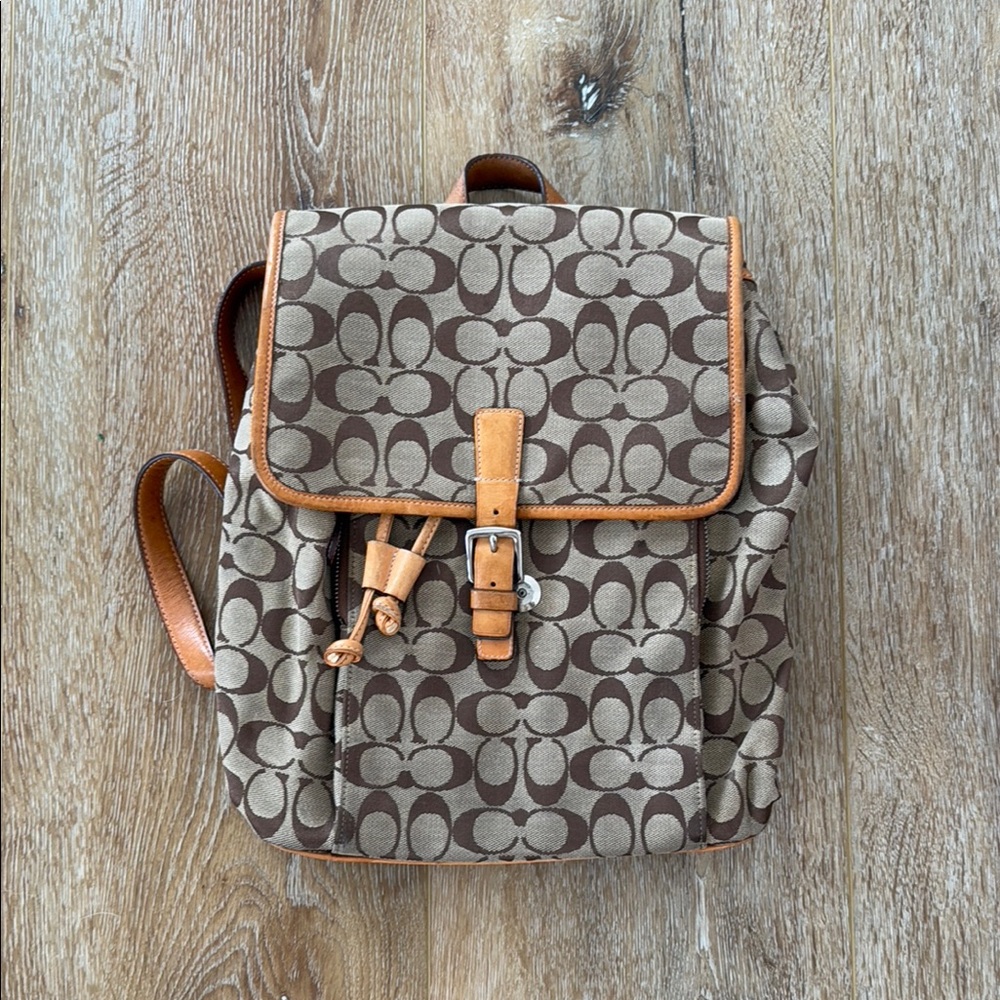 Coach Brown and Tan Backpack with Leather Trim